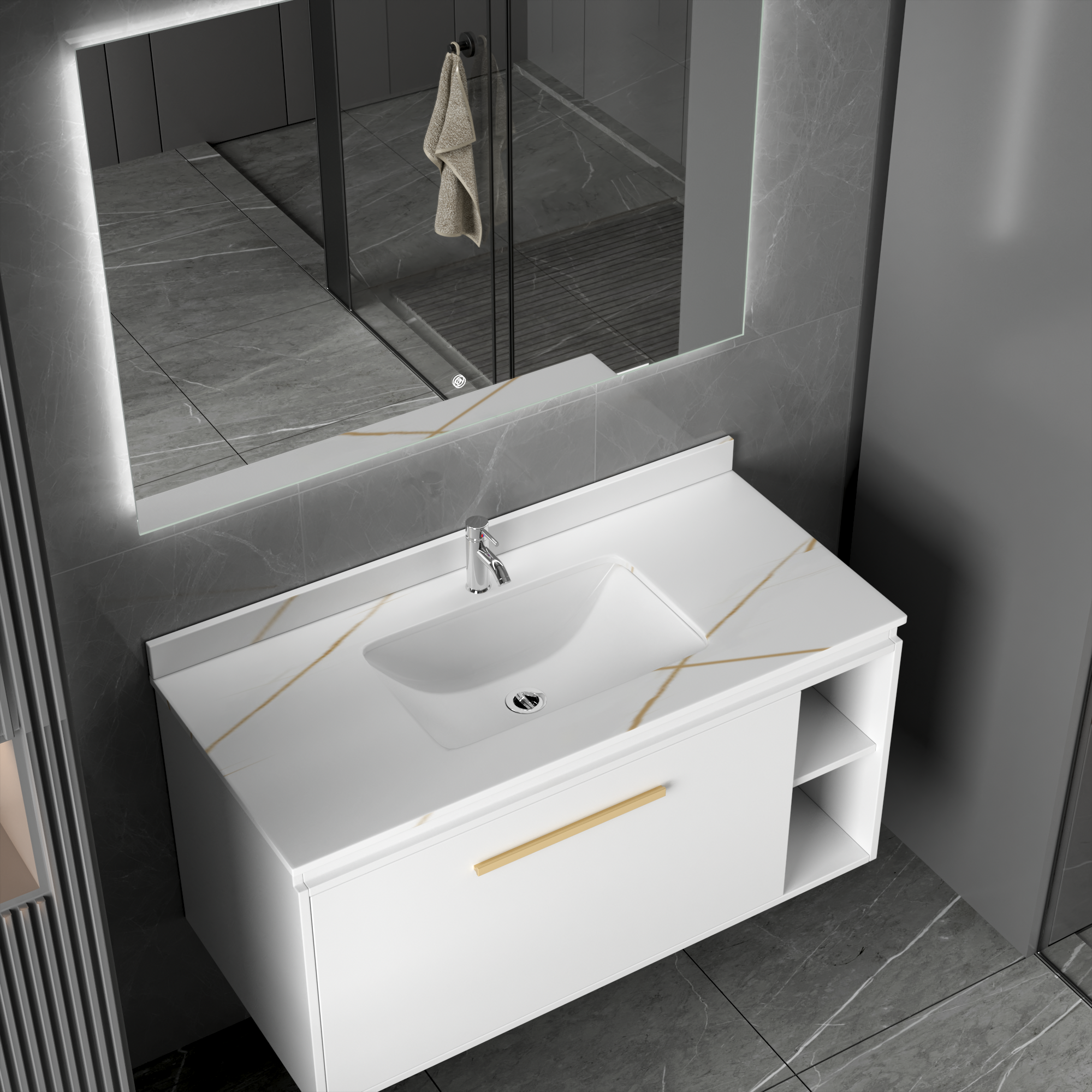 Badezimmermöbel Nova 100 cm - Weiß & Messing Badezimmermöbel Nova 100 cm - Weiß & Messing