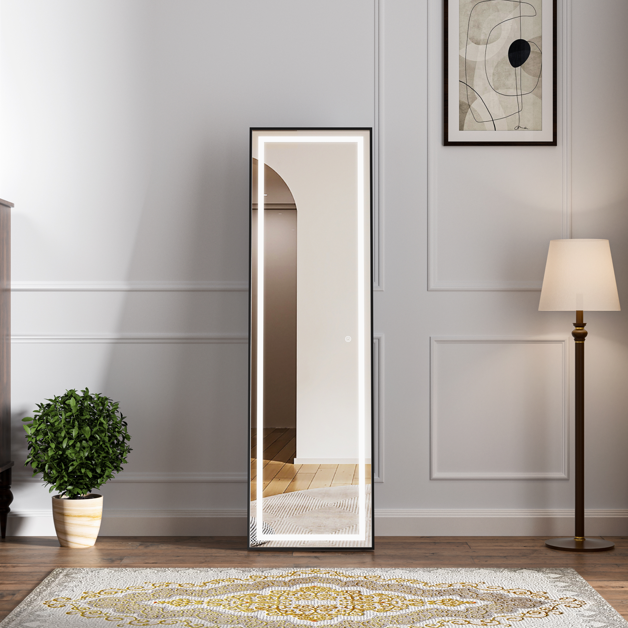 Stående LED-spegel Teramo med svart ram Stående LED-spegel Teramo med svart ram