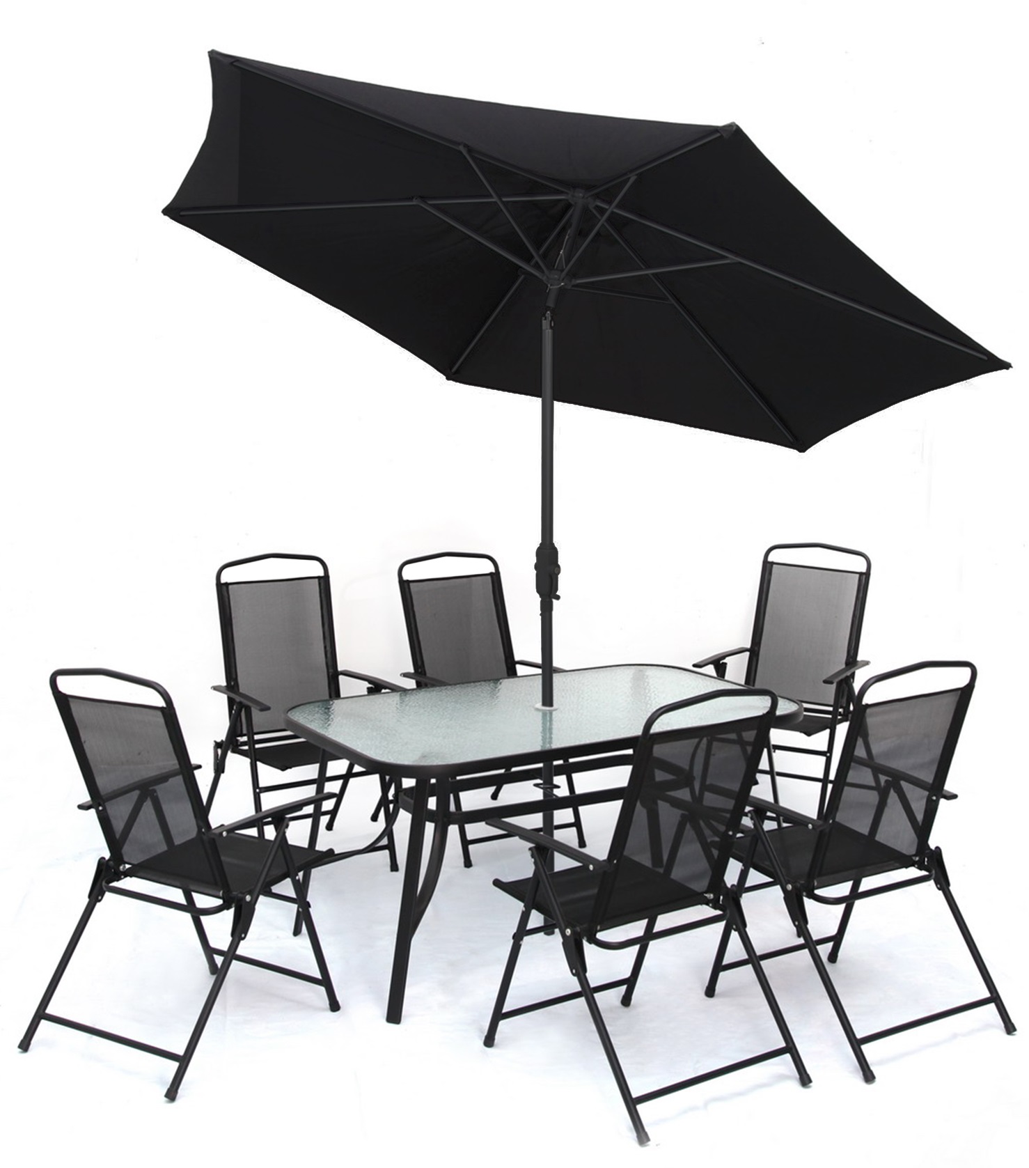 Växjö utegrupp komplett med bord, 6 positionsstolar och parasoll Växjö utegrupp komplett med bord, 6 positionsstolar och parasoll