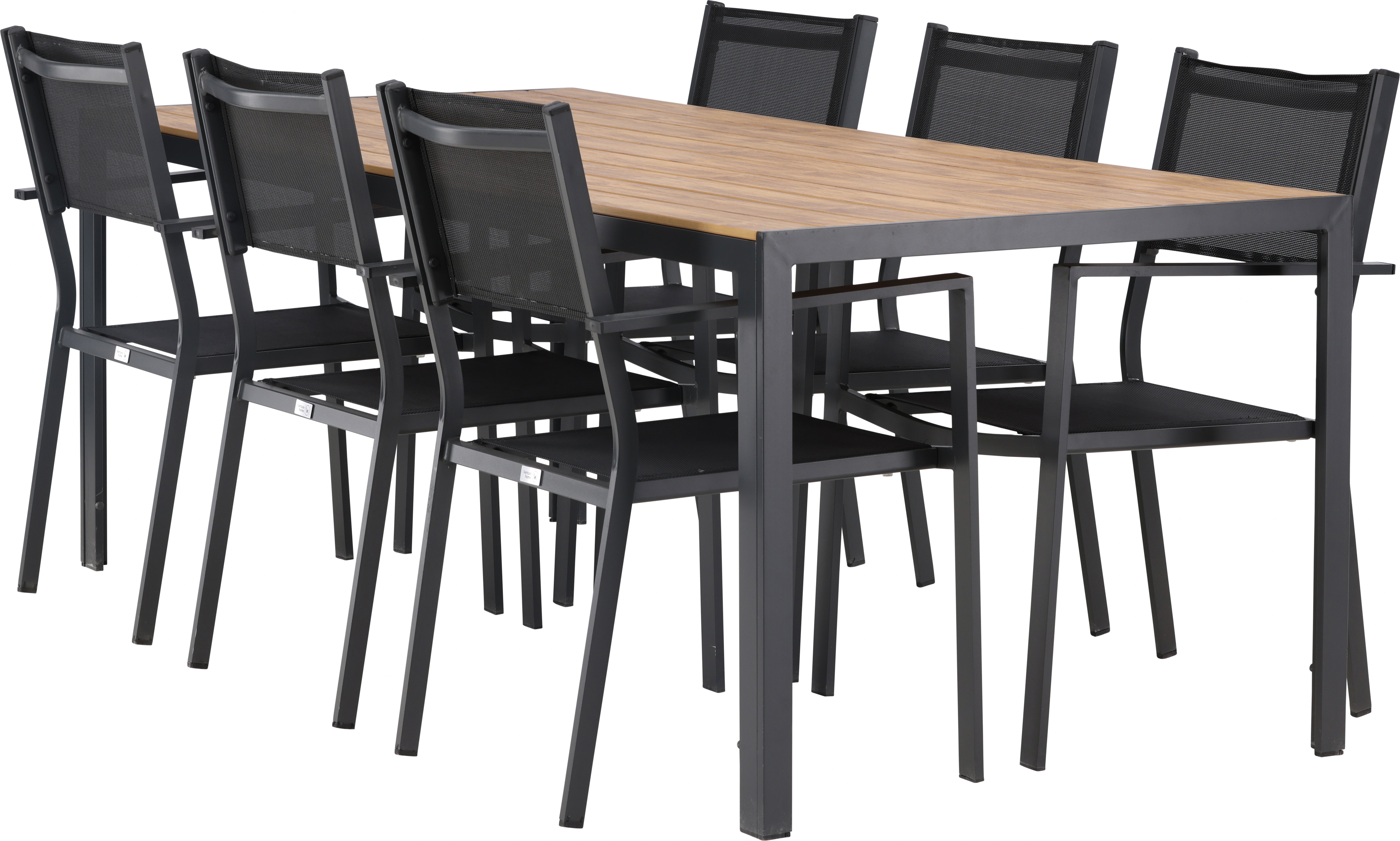 Chania matgrupp; 6 st Copacabana stolar med matbord 205 x 90 cm - Svart/natur