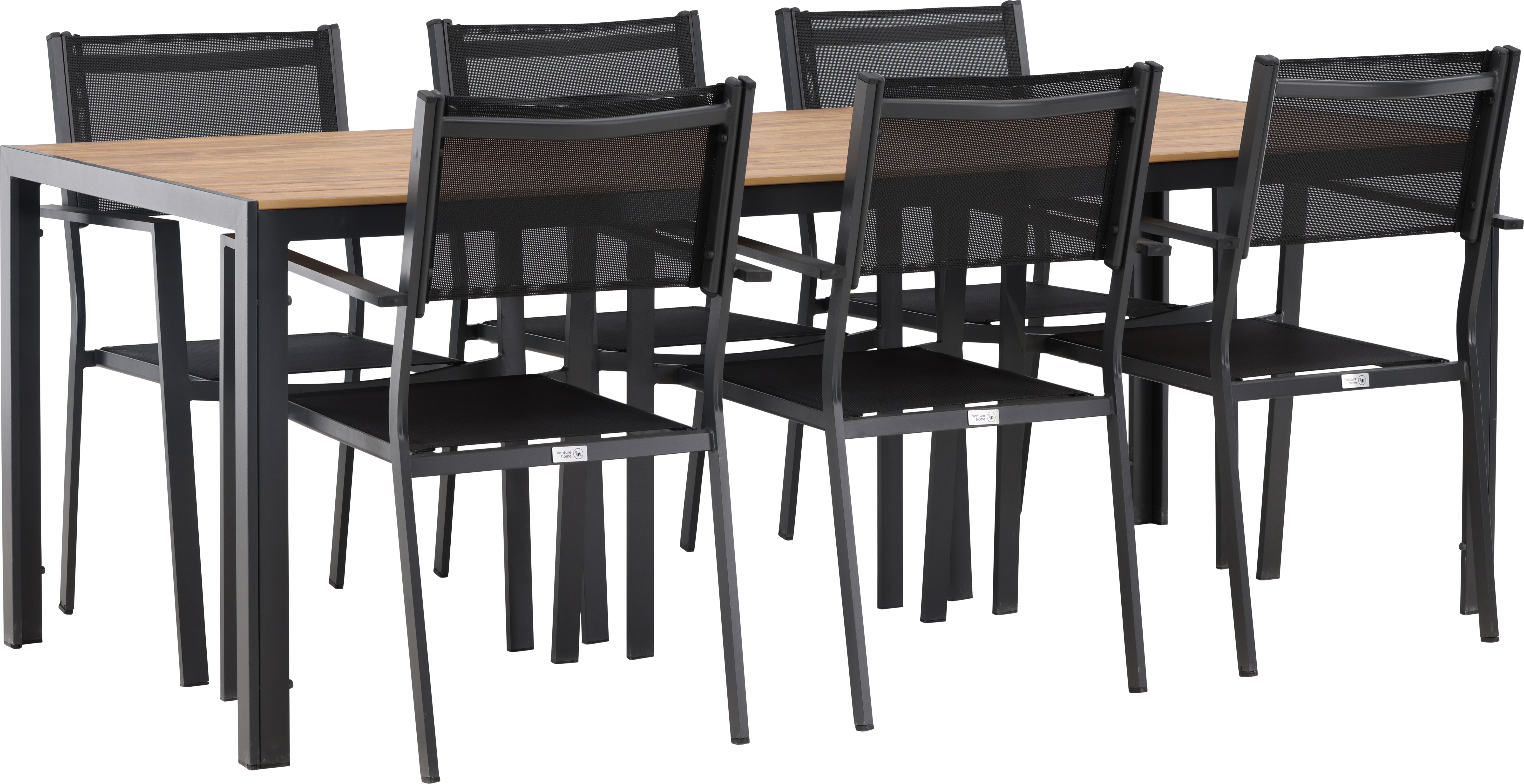 Chania matgrupp; 6 st Copacabana stolar med matbord 205 x 90 cm - Svart/natur
