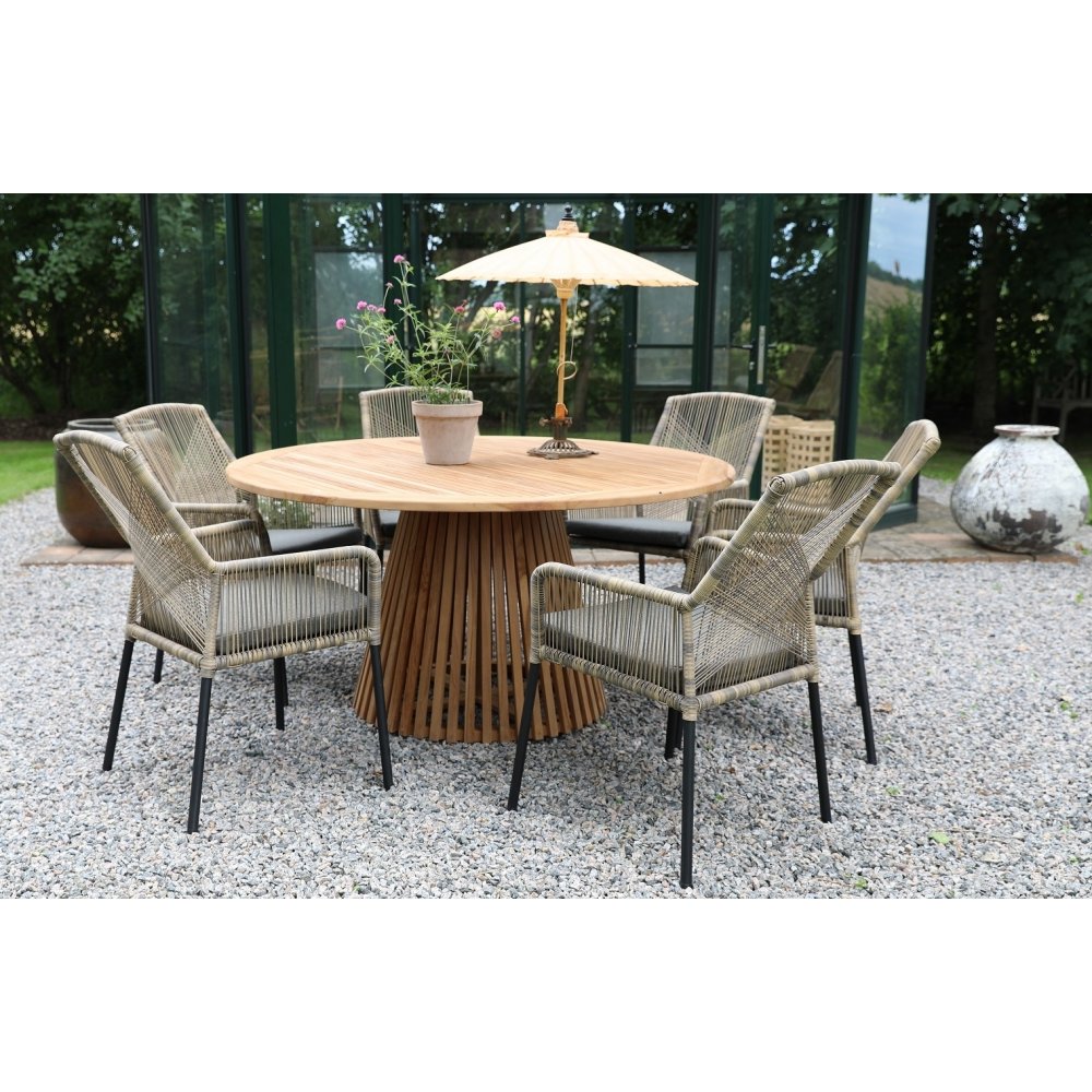 Saltö utomhusmatgrupp runt bord Ø150 cm med 6 Ystad karmstolar – Teak/Svart Saltö utomhusmatgrupp runt bord Ø150 cm med 6 Ystad karmstolar – Teak/Svart