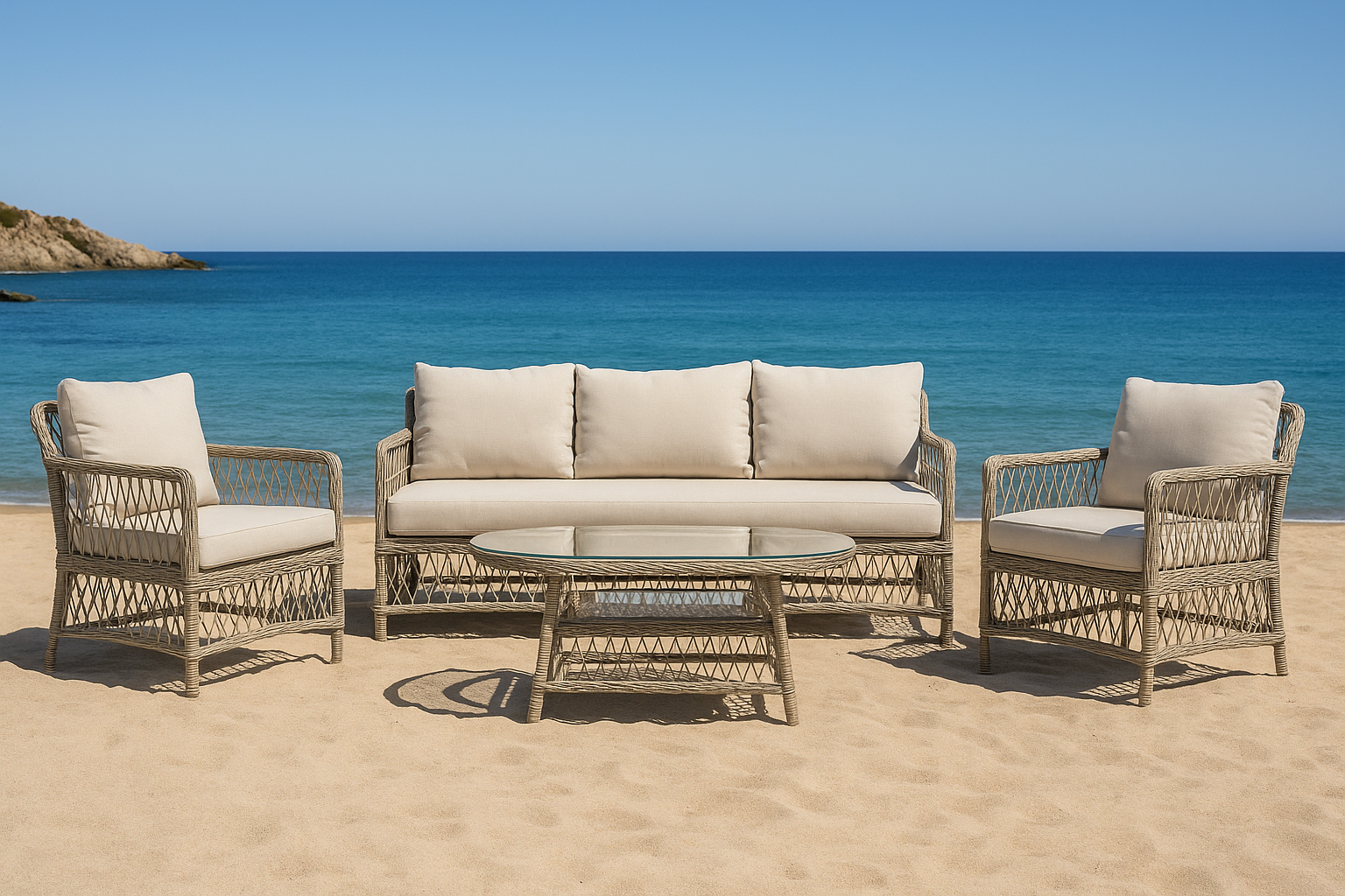 Hrnsand utegrupp; soffa med tv ftljer och bord