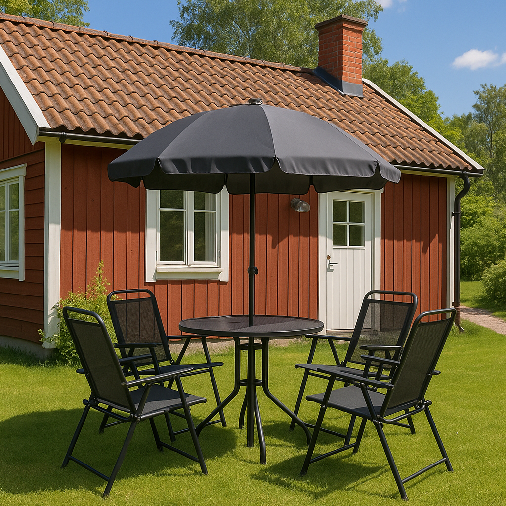 Vxj utegrupp komplett med bord, 4 stolar och parasoll
