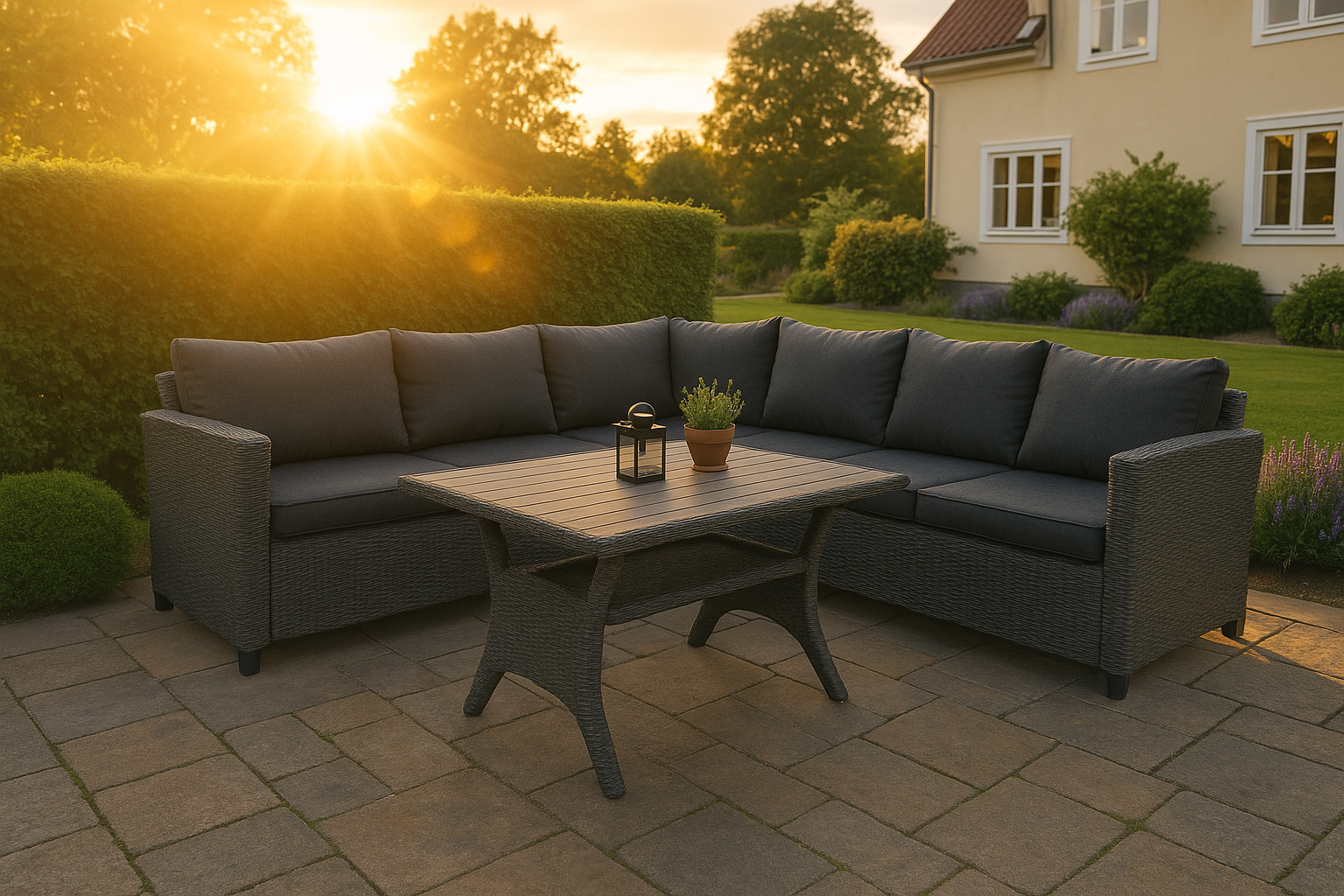 Tor utesoffgrupp med matbord i rotting - Grå konstrotting Tor utesoffgrupp med matbord i rotting - Grå konstrotting