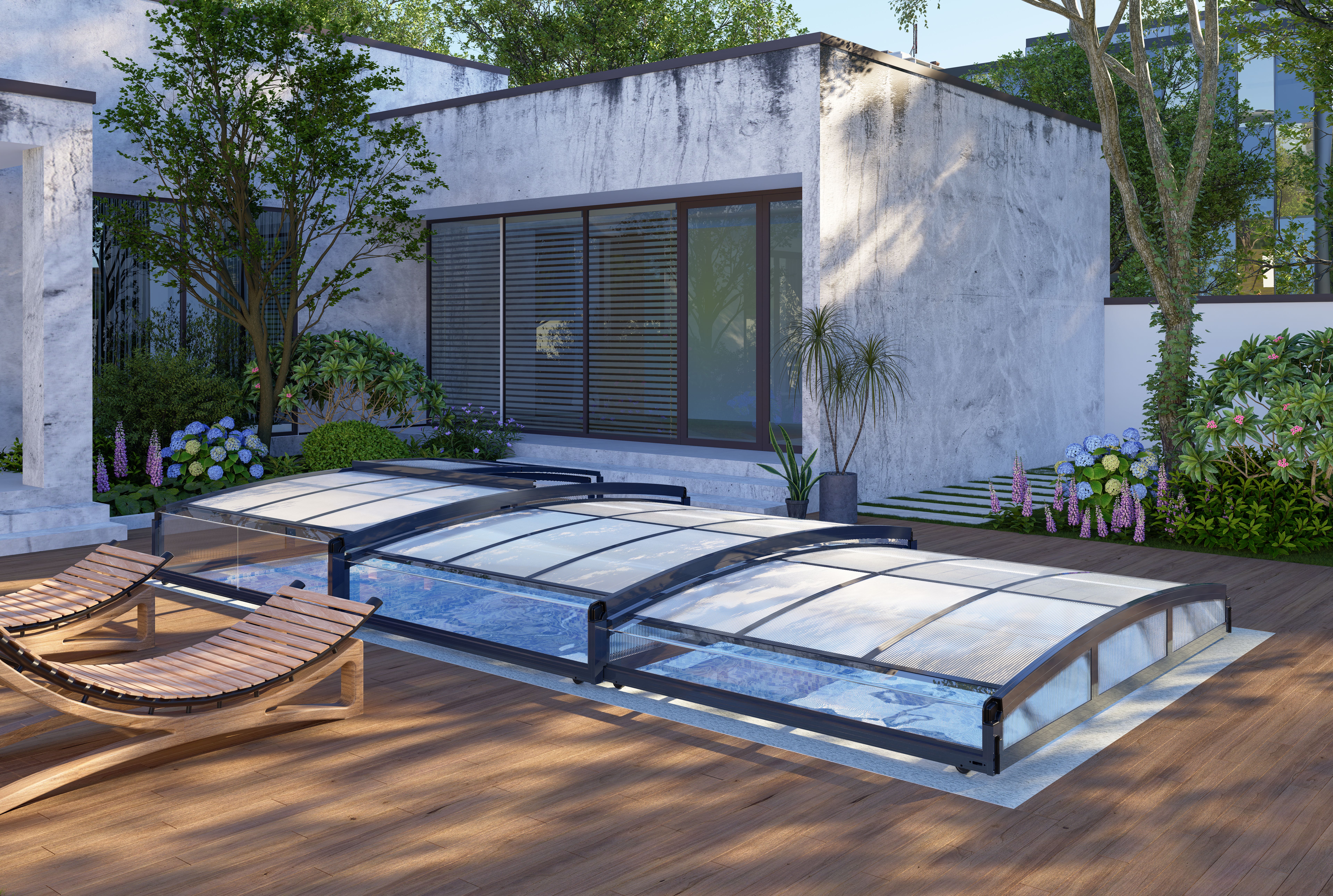 Pooldach aus schwarzem Polycarbonat, 663 x 326 x 80 cm