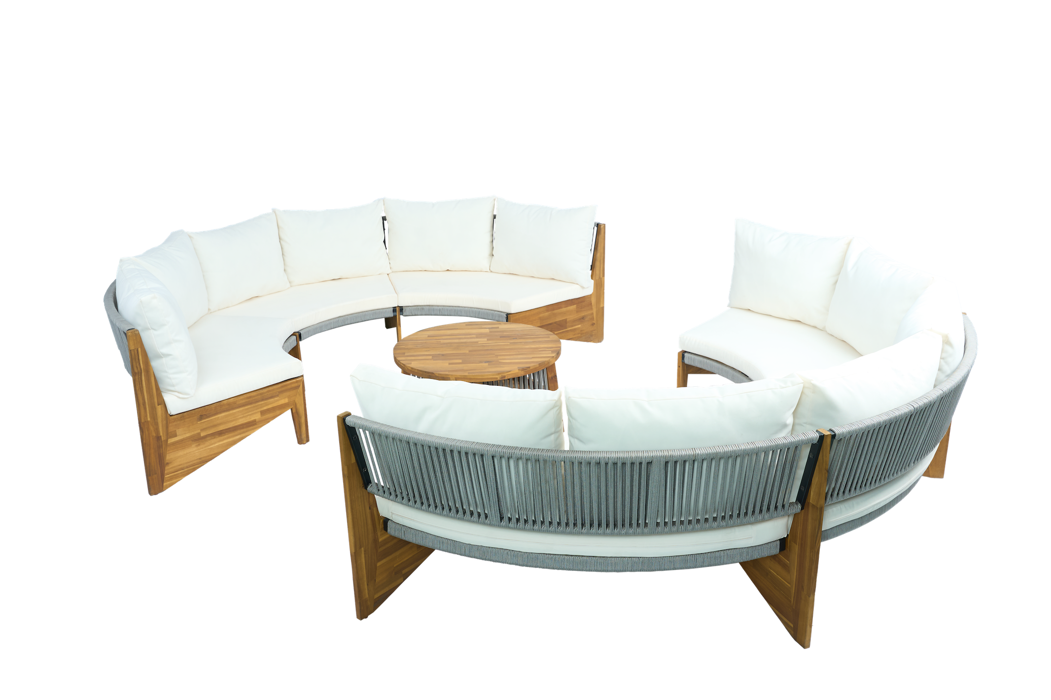 Rund loungesoffgrupp med bord | Tv� soffor i rope & acaciatr� | Creme