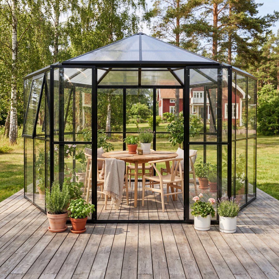 Fristående växthus Miranda V.2 9 m² härdat glas svart - Gardeney Fristående växthus Miranda V.2 9 m² härdat glas svart - Gardeney