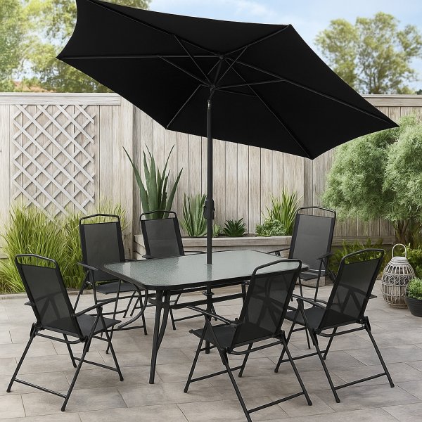 Komplett matgrupp utomhus 6 positionstolar & parasol