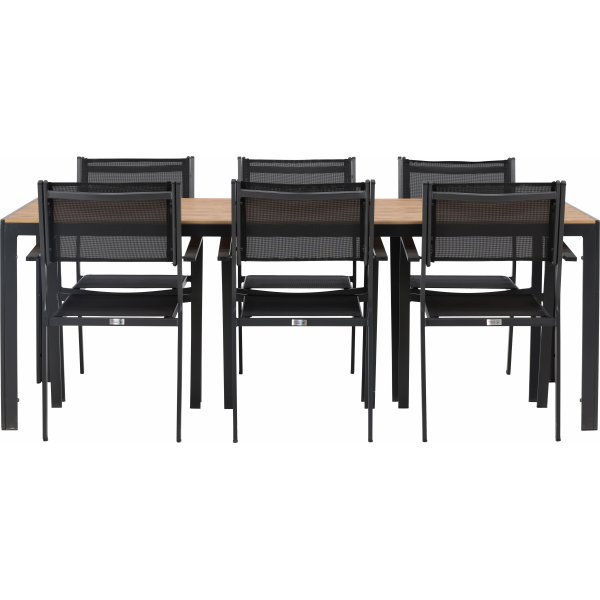 Chania-Lebensmittelgruppe; 6 Copacabana Stühle mit Esstisch 205 x 90 cm - Schwarz/Natur + Textilimprägnierung für Outdoormöbel Chania-Lebensmittelgruppe; 6 Copacabana Stühle mit Esstisch 205 x 90 cm - Schwarz/Natur + Textilimprägnierung für Outdoormöbel
