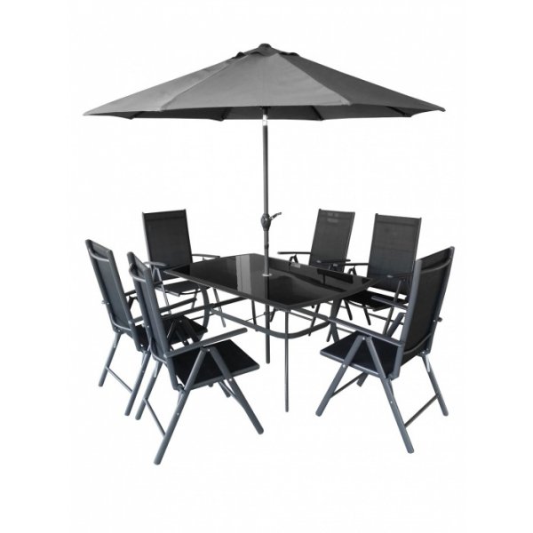 Spisegruppe Shadow - 6 stole og parasol