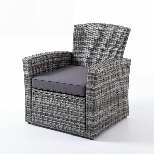 Lounge-Gruppe für 4 Personen mit Sofa, 2 Sesseln und Tisch aus Sicherheitsglas - Graue Gartenmöbelgruppe für Balkon und Terrasse Lounge-Gruppe für 4 Personen mit Sofa, 2 Sesseln und Tisch aus Sicherheitsglas - Graue Gartenmöbelgruppe für Balkon und Terrasse