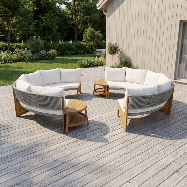 Rund loungesoffgrupp med bord | Tv� soffor i rope & acaciatr� | Creme