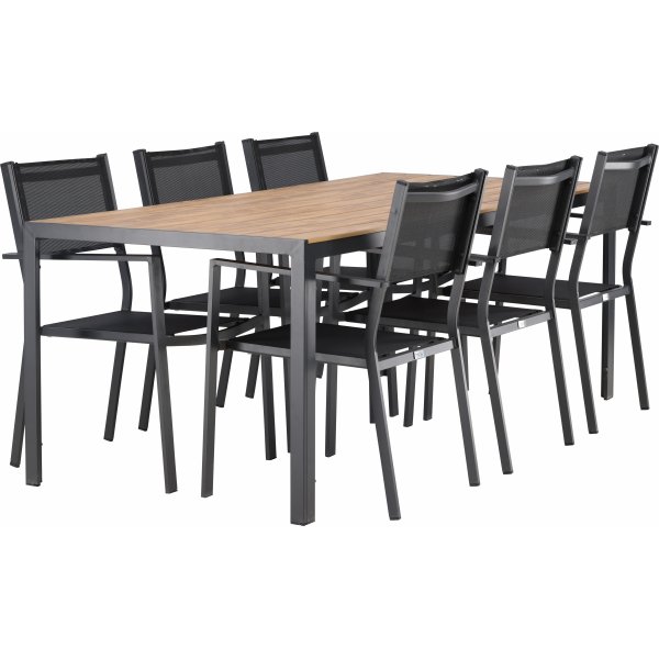 Chania-Lebensmittelgruppe; 6 Copacabana Stühle mit Esstisch 205 x 90 cm - Schwarz/Natur + Textilimprägnierung für Outdoormöbel Chania-Lebensmittelgruppe; 6 Copacabana Stühle mit Esstisch 205 x 90 cm - Schwarz/Natur + Textilimprägnierung für Outdoormöbel
