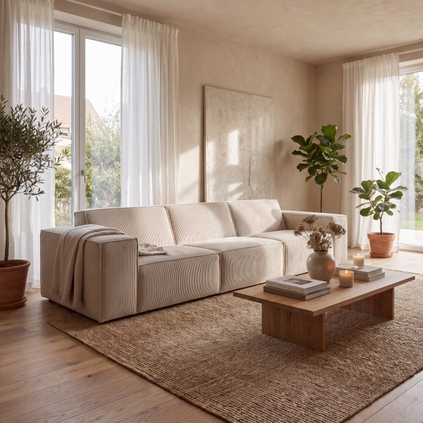 Beige Modulsoffa i Manchestertyg - 310 cm Bred Modell med 100 Djup & 74 H�jd
