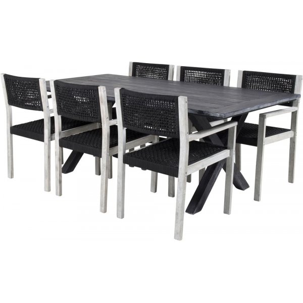 Ramsj Spisegruppe (200x100) - Whitewash/Sort - 6 Stole