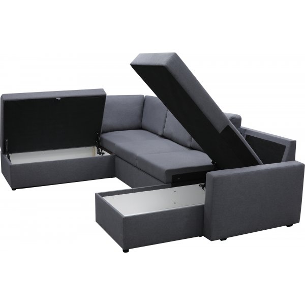 U-soffa b�ddsoffa Dream med f�rvaring - 299 cm - m�rkgr�
