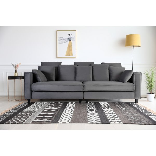 Soffa 250 cm bred m�rkgr� sammet 114 cm djup