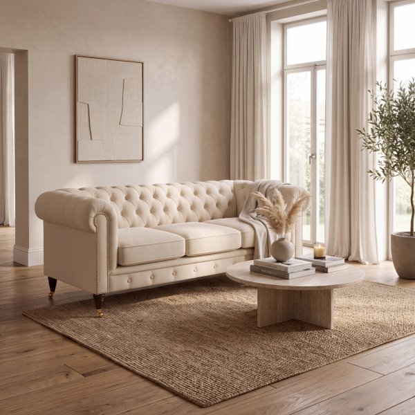 Sofa Chesterfield Cambridge Deluxe 225 cm - Lysegrå beige velour Sofa Chesterfield Cambridge Deluxe 225 cm - Lysegrå beige velour