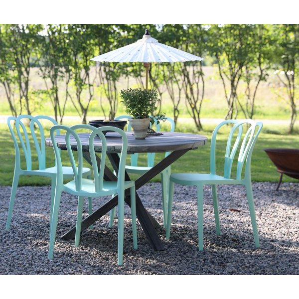 Spisegruppe Scottsdale: Rundt grt trbord inklusiv 4 Bally stabelbare stole