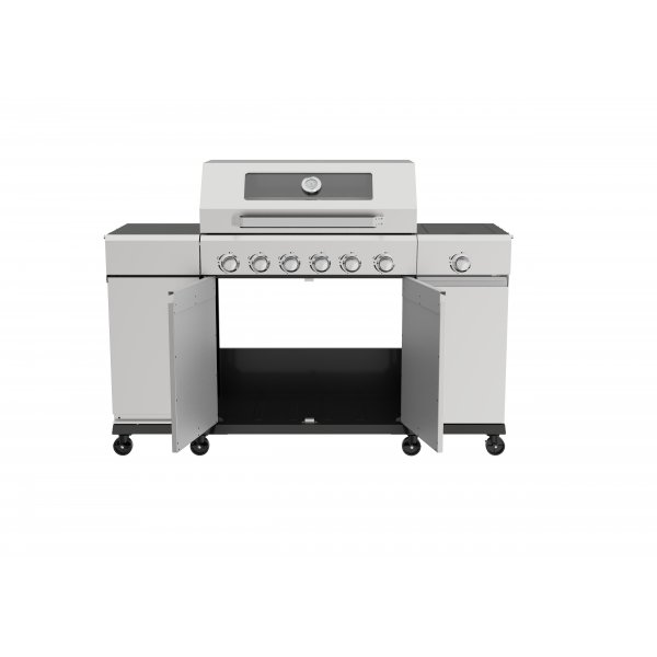 Gasolgrill med sidobr�nnare och f�rvaringssk�p - 6 br�nnare - rostfritt st�l