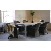 Matgrupp Alva: Matbord i teak / Galvaniserat stål med 6 st Mercury fåtöljer i brun konstrotting Matgrupp Alva: Matbord i teak / Galvaniserat stål med 6 st Mercury fåtöljer i brun konstrotting