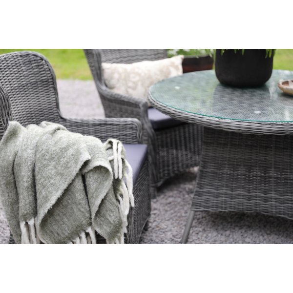 Essgruppe; 4 Stühle und Esstisch Ø110 cm grau/Rattan + Reinigungsspray für Gartenmöbel Essgruppe; 4 Stühle und Esstisch Ø110 cm grau/Rattan + Reinigungsspray für Gartenmöbel