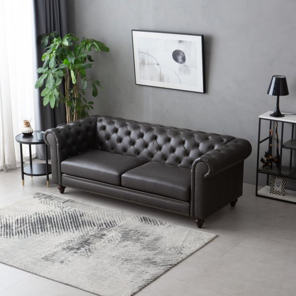 Soffa chesterfield 3-sits 219 cm - mörkbrun PU Soffa chesterfield 3-sits 219 cm - mörkbrun PU