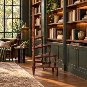 Biblioteksstege tr� - Felix engelsk pall i mahogny h�jd 111 & bredd 40 cm