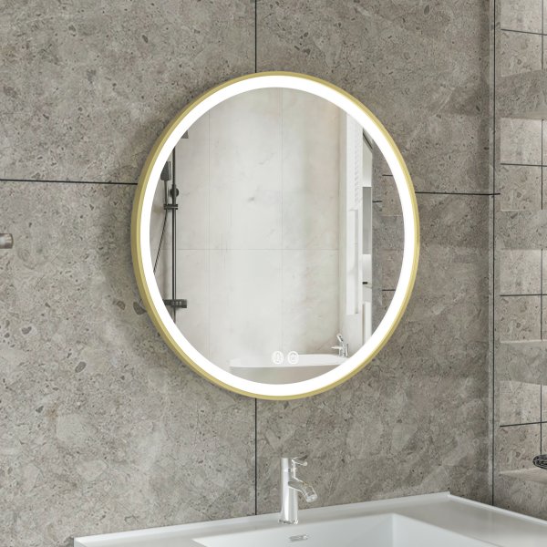 LED-spegel 80x80 cm med guldaluminiumram och anti-fog