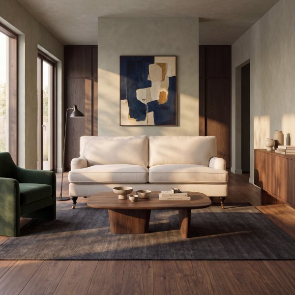 Watford Deluxe Sofa Howard - Beige Inari 22 Stoff, Birkenholz- und schwarze Beine, 208 cm Watford Deluxe Sofa Howard - Beige Inari 22 Stoff, Birkenholz- und schwarze Beine, 208 cm