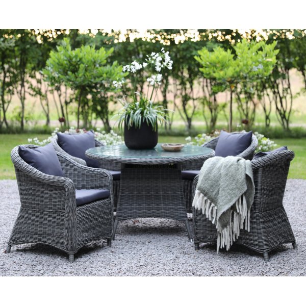 Jacksonville Speisegruppe im Freien; Runder Tisch 110 cm inkl. 4 Mercury-Sessel graues synthetisches Rattan + Reinigungsspray für Gartenmöbel Jacksonville Speisegruppe im Freien; Runder Tisch 110 cm inkl. 4 Mercury-Sessel graues synthetisches Rattan + Reinigungsspray für Gartenmöbel
