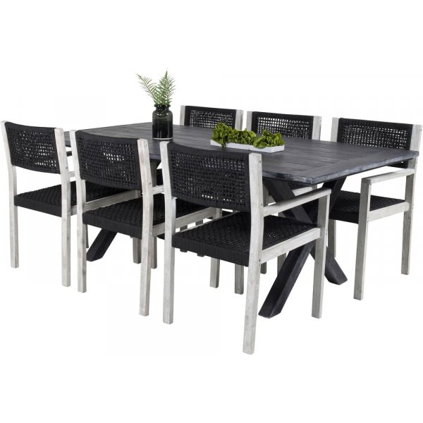 Ramsj Spisegruppe (200x100) - Whitewash/Sort - 6 Stole