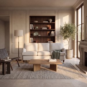 Buet 3-personers sofa Howard - Beige med brune ben og messinghjul, 225 cm Buet 3-personers sofa Howard - Beige med brune ben og messinghjul, 225 cm