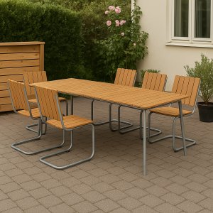Utematgrupp Möllan bord 176x90 cm med 6 stolar - Teak / Galvaniserat stål Utematgrupp Möllan bord 176x90 cm med 6 stolar - Teak / Galvaniserat stål