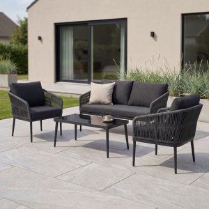 Loungegrupp utomhus - soffa & f�t�ljer med bord i rep & glas + Reng�ringsspray f�r utem�bler