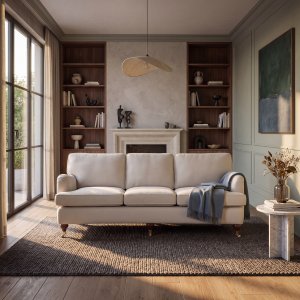 Howard Watford Deluxe svängd 4-sits soffa - 225 cm, beige & hjul i mässing Howard Watford Deluxe svängd 4-sits soffa - 225 cm, beige & hjul i mässing