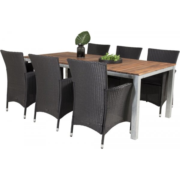 Salstad Spisegruppe (200x100) - Sort/Natur/Slv - 6 Stole