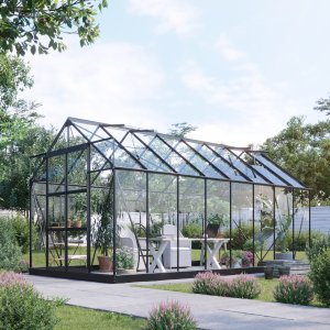 Läs mer om Växthus 12,8m² - Härdat glas - Svart - Omålat