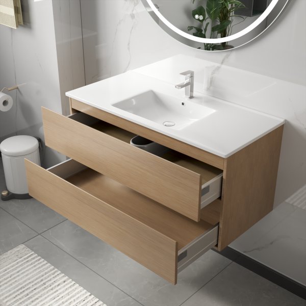 Kylpyhuonekalusteet Milan 100 cm - Vaaleaa puuta + WC-paperin pidike Kylpyhuonekalusteet Milan 100 cm - Vaaleaa puuta + WC-paperin pidike