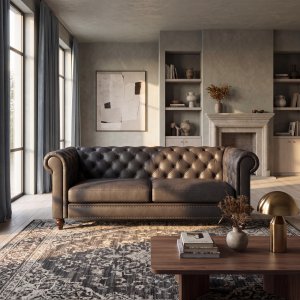 3-Sitzer-Sofa 219 x 88 x 78 cm, Sitzhöhe 46 cm, Dunkelbraunes PU - Royal Chesterfield 3-Sitzer-Sofa 219 x 88 x 78 cm, Sitzhöhe 46 cm, Dunkelbraunes PU - Royal Chesterfield