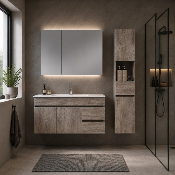 Badrumspaket 100 cm Spegelskåp med belysning Betongimitation - Barcelona + 2.00 x Badrumskrok Badrumspaket 100 cm Spegelskåp med belysning Betongimitation - Barcelona + 2.00 x Badrumskrok
