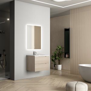 Badrumsm&ouml;bler 60 cm Ljus tr&auml;imitation LED-spegel - Vega + Toalettpappersh&aring;llare