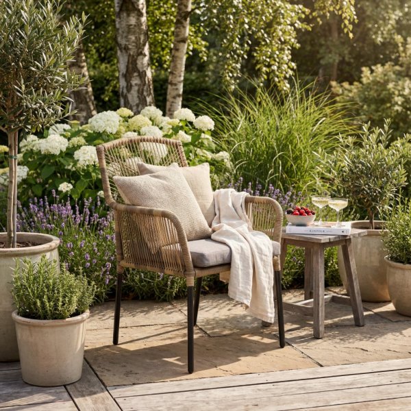Ystad Gartenstuhl aus synthetischem Rattan mit grauem Kissen, Gartenstuhl Gardeney