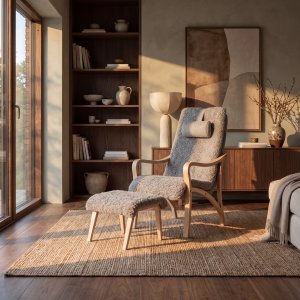 Fårö Loungestol inomhus i ekträ - ljusgrå fåtölj med fotpall & nackkudde Fårö Loungestol inomhus i ekträ - ljusgrå fåtölj med fotpall & nackkudde
