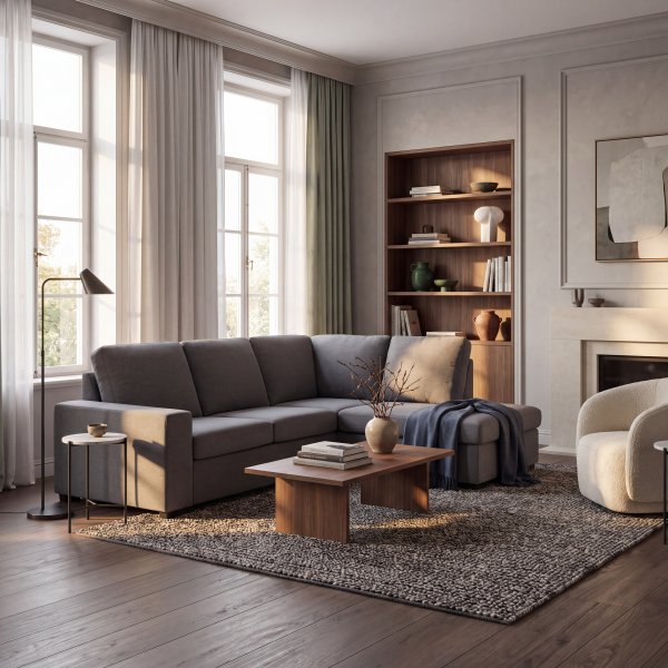 Solna Divansoffa 3-sits Gr� - Djup Liten H�rnmodell & �ppet Avslut 242 cm
