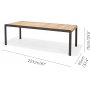 Ravfarvet udendrs spisegruppe med 220 cm langt teak spisebord og 6 stabelbare mrkegr aluminiumsstole