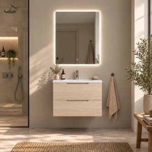 Badrumspaket 60 cm Ljus tr�imitation med LED-spegel - Vega