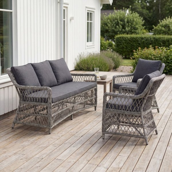 Loungegrupp utomhus konstrotting soffa & f�t�ljer med dynor + Reng�ringsspray f�r utem�bler