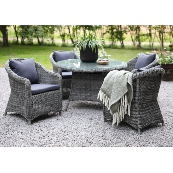 Jacksonville Speisegruppe im Freien; Runder Tisch 110 cm inkl. 4 Mercury-Sessel graues synthetisches Rattan + Reinigungsspray für Gartenmöbel Jacksonville Speisegruppe im Freien; Runder Tisch 110 cm inkl. 4 Mercury-Sessel graues synthetisches Rattan + Reinigungsspray für Gartenmöbel